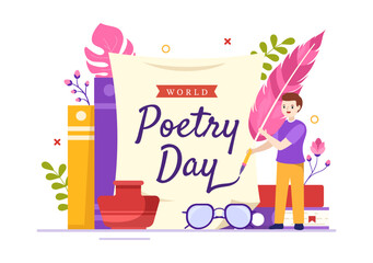 World Poetry Day on March 21 Illustration with a Quill, Paper or Typewriter for Web Banner or Landing Page in Flat Cartoon Hand Drawn Templates