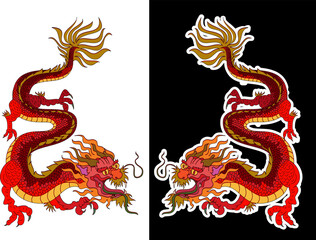 Red dragon isolate on white background and sticker chinese dragon tattoo.colorful Japanese Dragon for tattoo