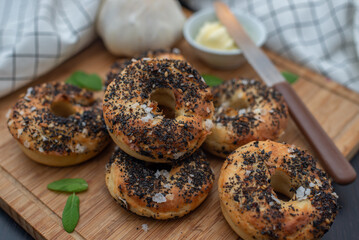 home made Bagel with poppy seeds on a table
