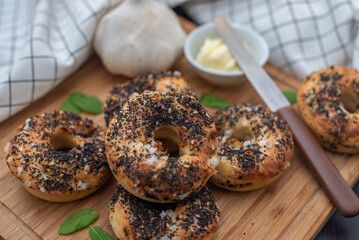 home made Bagel with poppy seeds on a table