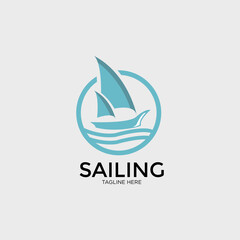 Boat for Sailing, Fisherman Sailboat in Ocean Sea Wave Silhouette logo design