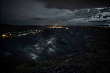 Artistic concept illustration of a night coal mine, background illustration.