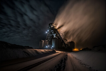 Artistic concept illustration of a night coal mine, background illustration.
