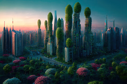 Futuristic Metropolis with Trees. Generative AI.