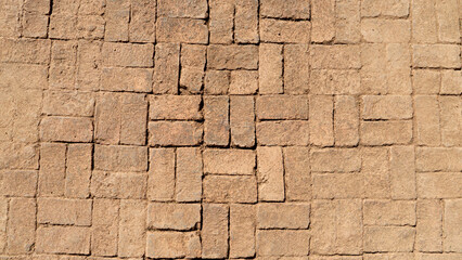 Above view of beautiful antique brown bricks arranged in a row. for construction background.