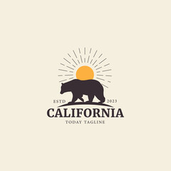 California vintage typography Grizzly bear logo vector sunset,mountain symbol illustration design for badge,sticker,label,brand,shirt