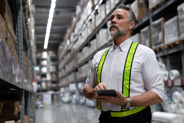 Senior warehouse manager validates product sorting. Using tablet to check boxes number align with the inventory system. Mature worker working in logistic distribution business, delivery service