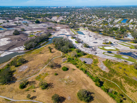 Aerial drone panorama Bobby Jones Golf Club Sarasota Florida USA under construction