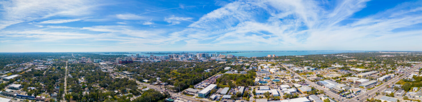 Aerial panorama industrial district and Downtown Sarasota Florida