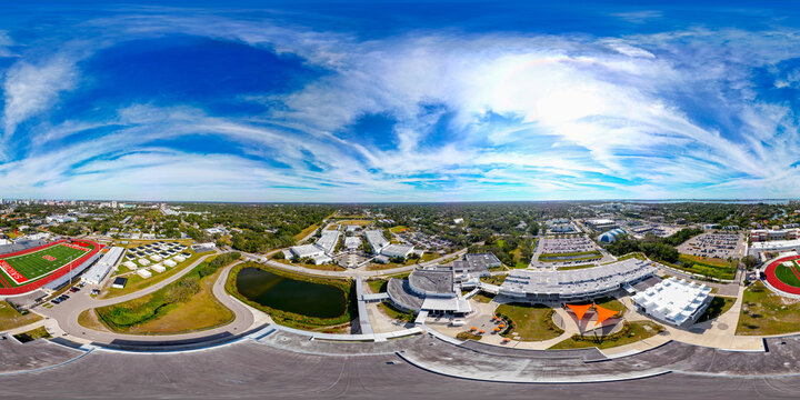 Aerial drone 360 equirectangular spherical panorama photo Sarasota High School