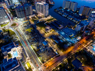 Night aerial photo construction site Downtown Sarasota FL USA