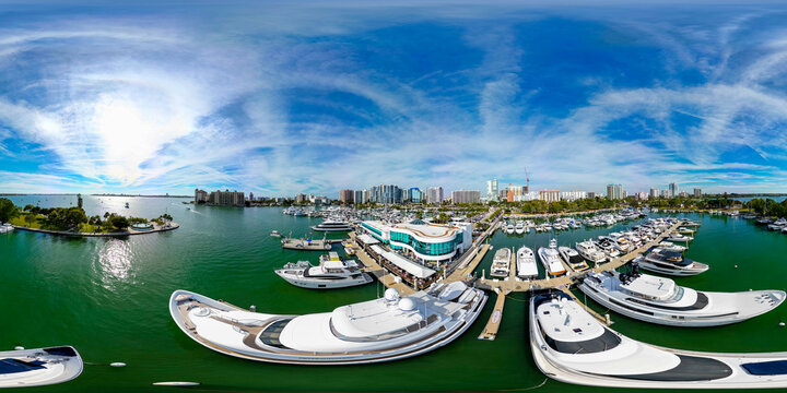 Aerial drone 360 equirectangular spherical panorama Marina Jack Restaurant and yachts Sarasota Florida