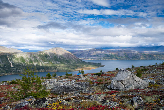 Far East of Russia, Mgadan region, Susuman district, Malyk lake..A beautiful mountain lake named Malyk in the north of the Far East is five hundred kilometers from the city of Magadan.