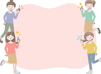 カジュアル姿の若い女性たちのフレーム　笑顔