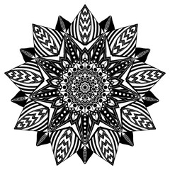 Aztec mandala black and white pattern. Illustration round aztec mandala floral triangle pattern motif isolated white background. Geometric mandala use for adults coloring book, decoration element.
