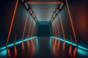 3d render, abstract panoramic background with neon lines glowing in spectrum. Empty virtual room, frame
