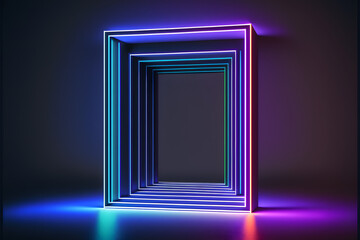 3d render, abstract panoramic background with neon lines glowing in spectrum. Empty virtual room, square frame