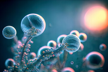 microscopic macroscopic view of alien eggs and bacterias virus in a liquid atmosphere, reworked and enhanced ai generated science fiction mattepainting