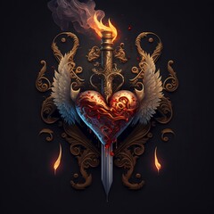 Heart Dagger with Flame Through Gold Accents