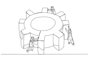 Illustration of arab man spinning cogwheel gear together with team concept of hard work team. Single continuous line art style
