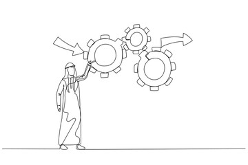 Drawing of arab man make cogwheels work effective and efficient for best result concept of workflow management. One line art style