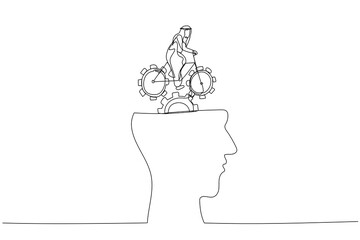 Cartoon of arab man riding bike with gears on head. Single line art style