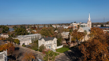 Afternoon aerial view the downtown area and surrounding neighborhoods of Marysville, California,...