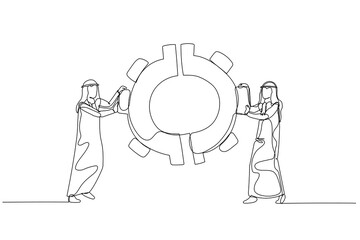 Drawing of arab man with team colleagues connecting cogwheel gear together concept of integration partnership. One continuous line art style