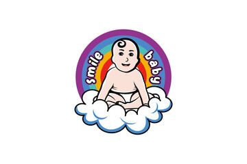 Cute baby character vector design smiling on a cloud with a rainbow background