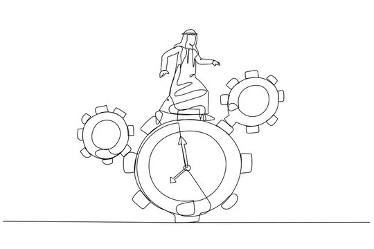 recommend clip art: Illustration of arab man run along gear in form of clock concept of time management. Continuous line art style