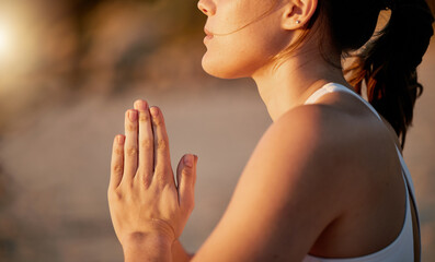 Prayer hands, yoga meditation and profile of woman outdoors for health and wellness. Zen chakra, pilates fitness and female yogi with namaste hand pose for praying, training and mindfulness exercise.