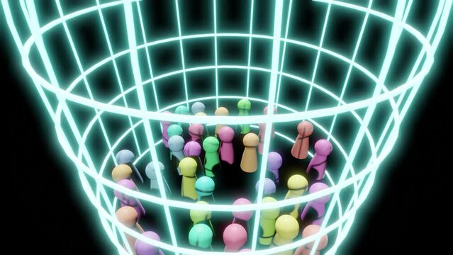 締め付けが限界に達したところで檻を壊して脱出する人々をあらわしたアニメーション動画
