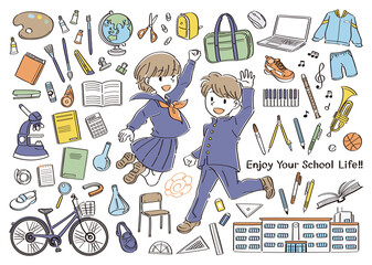 学校生活の文房具や道具と、ジャンプする制服の男子と女子のイラストセット