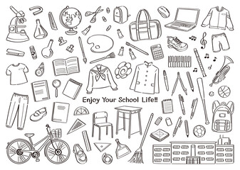 学校生活の文房具や道具のイラストセット（中学校・高校）　線画 - obrazy, fototapety, plakaty