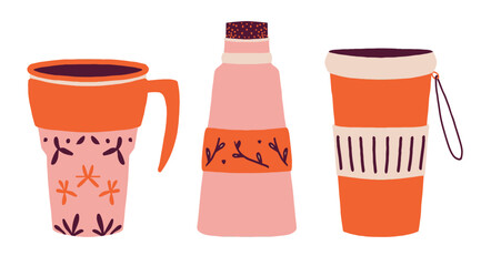 Three hand drawn thermo mugs, tumbler with lid, reusable cups for hot drinks. Thermos for take away drink. Trendy vector illustration for icon, logo, print, icon, card, emblem, label.