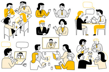 Cute character doodle illustration of business people, man and woman, in meeting, speaking, speech, discussion, brainstorming, online meeting. Outline, linear, thin line art, hand drawn sketch.