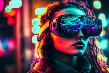 Woman  use VR virtual reality, Metaverse Technology concept. Generative AI