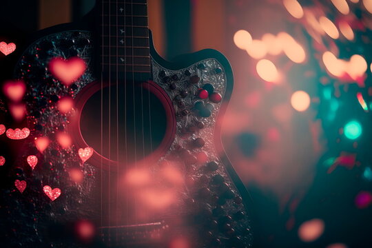 Valentines Day background with hearts and guitar. Generative AI