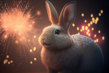 Chinese New Year Cute Rabbit with Fireworks