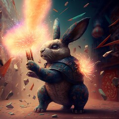 Chinese New Year Cute Rabbit Holding Fireworks