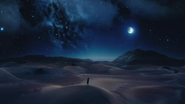 Aerial view of Arab woman in the desert at night time.