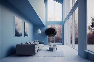 A modern house, in a minimalist millenium crib, high ceiling and filled with Tranquil Blue colour as the wall blend in with the design of the furniture.