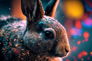 Close up of Cute Rabbit with Colorful Background and Snow