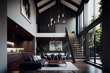 A modern house, in a minimalist millenium crib, high ceiling and filled with Dark Oak colour as the wall blend in with the design of the furniture. 