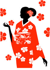 着物を着た女性のシルエットと桜の花