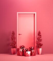 Single monochrome red door and gift boxes with red ribbons placed in front of it. Front door view of a house entrance. Flat red color door. 3d rendering