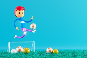 action cartoon 3d character. boy in sports action. 3d illustrator. colorful human design. happy face. sport object rendering. fitness activity. health concept. copy space background. soccer ball