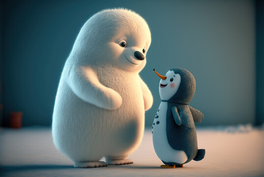 Cartoon penguin and polar bear friends, happy cartoon characters, generative AI
