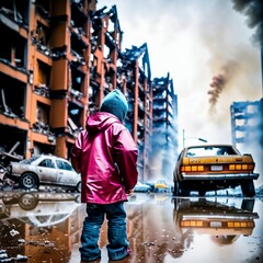 dramatic photo of a child, in a destroyed city, burning cars, in the background, mud, rain, cold, snow, destroyed apartments. smoke, ai