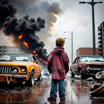 dramatic photo of a child, in a destroyed city, burning cars, in the background, mud, rain, cold, snow, destroyed apartments. smoke, ai